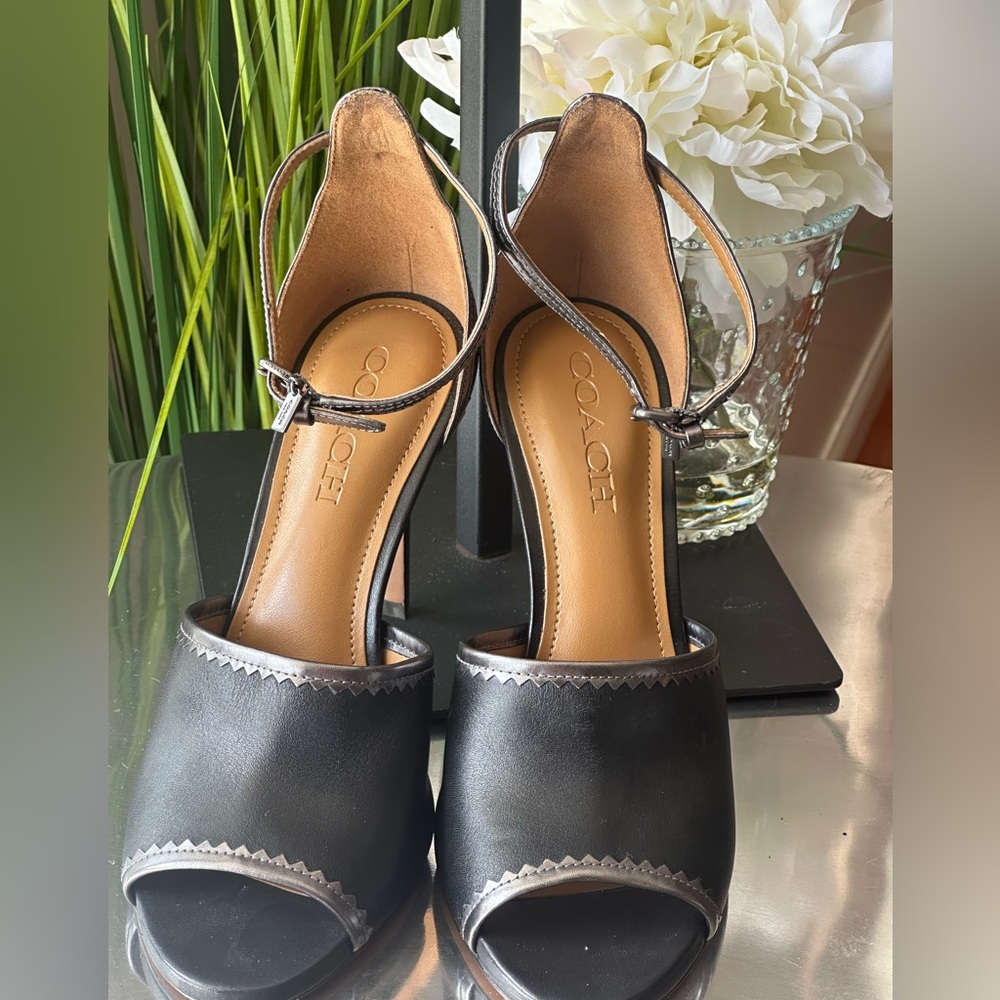 Coach Black and Silver Heels. 7.5 Designer Leather Open Toe - Picture 2 of 13
